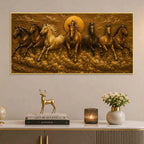 Seven Running Horses with Rising Sun Metallic Look 3D Canvas Wall Painting