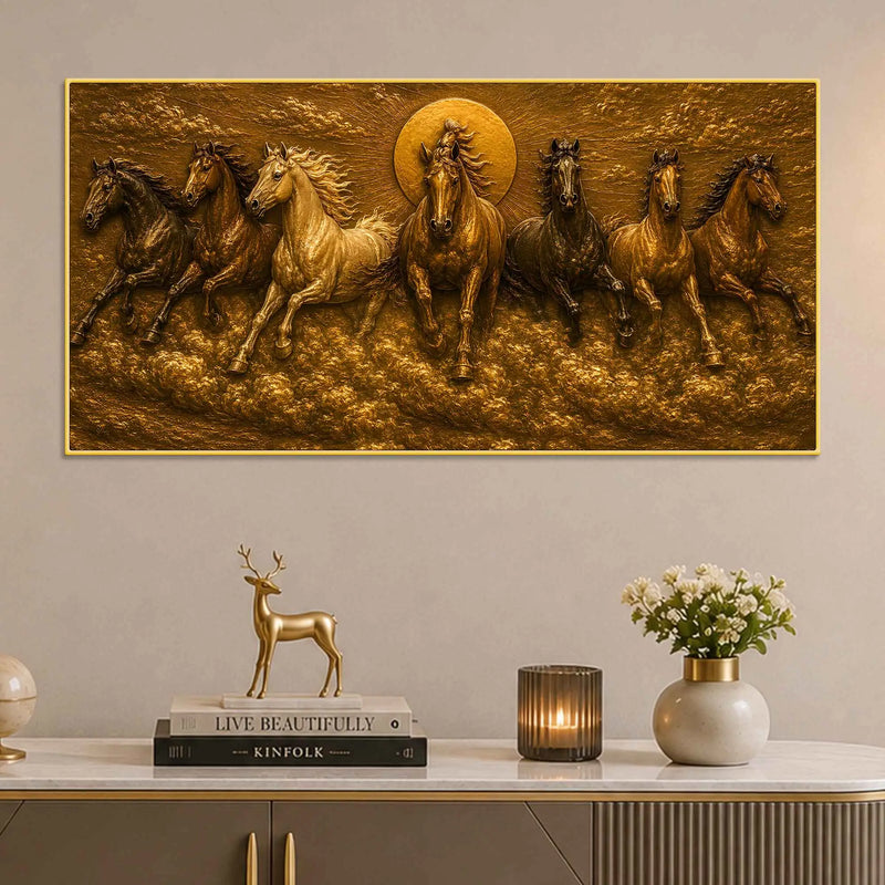 Seven Running Horses with Rising Sun Metallic Look 3D Canvas Wall Painting