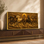 Seven Running Horses with Rising Sun Metallic Look 3D Canvas Wall Painting