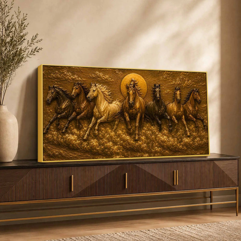Seven Running Horses with Rising Sun Metallic Look 3D Canvas Wall Painting