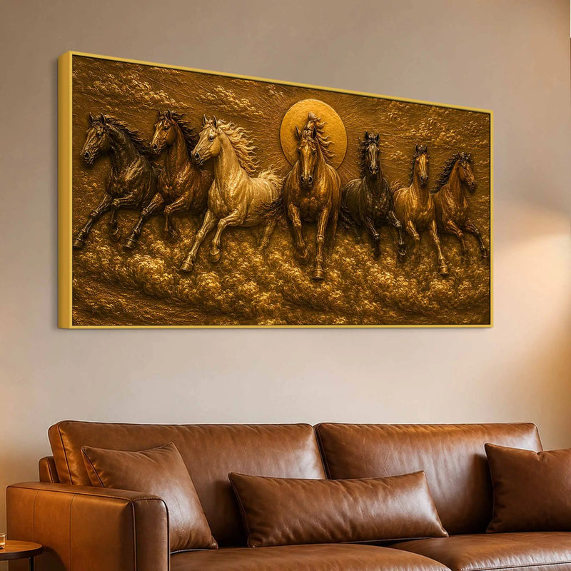 Seven Running Horses with Rising Sun Metallic Look 3D Canvas Wall Painting
