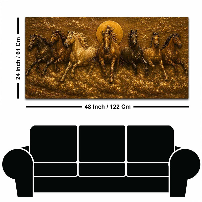 Seven Running Horses with Rising Sun Metallic Look 3D Canvas Wall Painting