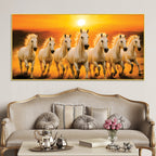 Seven White Horses Galloping at Sunrise Premium Wall Painting