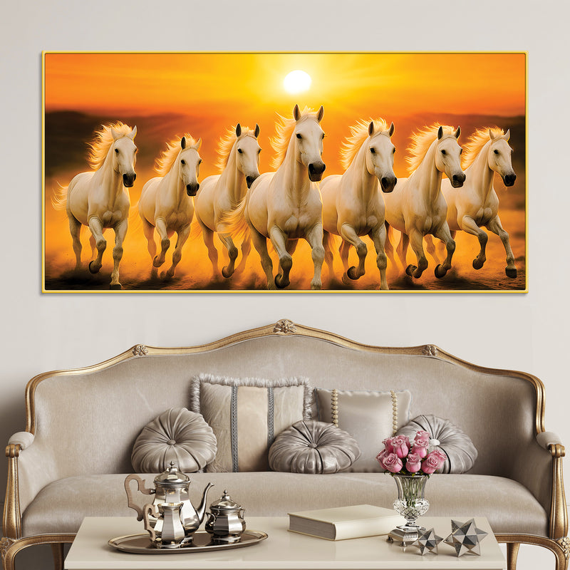 Seven White Horses Galloping at Sunrise Premium Wall Painting