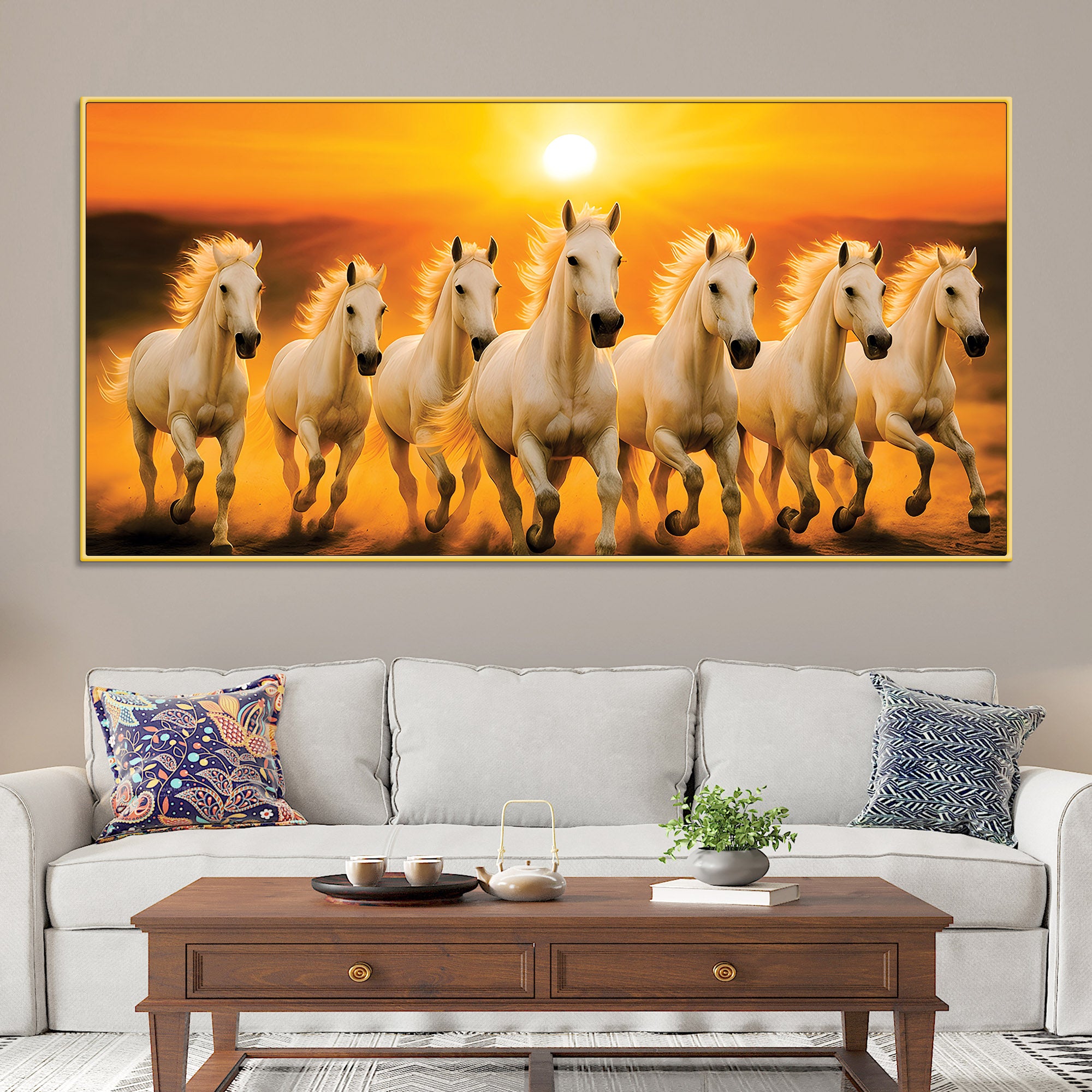 Seven White Horses Galloping at Sunrise Premium Wall Painting