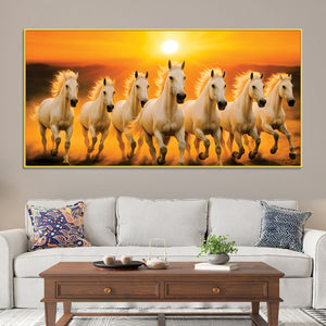 Seven White Horses Galloping at Sunrise Premium Wall Painting