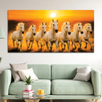 Seven White Horses Galloping at Sunrise Premium Wall Painting