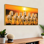 Seven White Horses Galloping at Sunrise Premium Wall Painting
