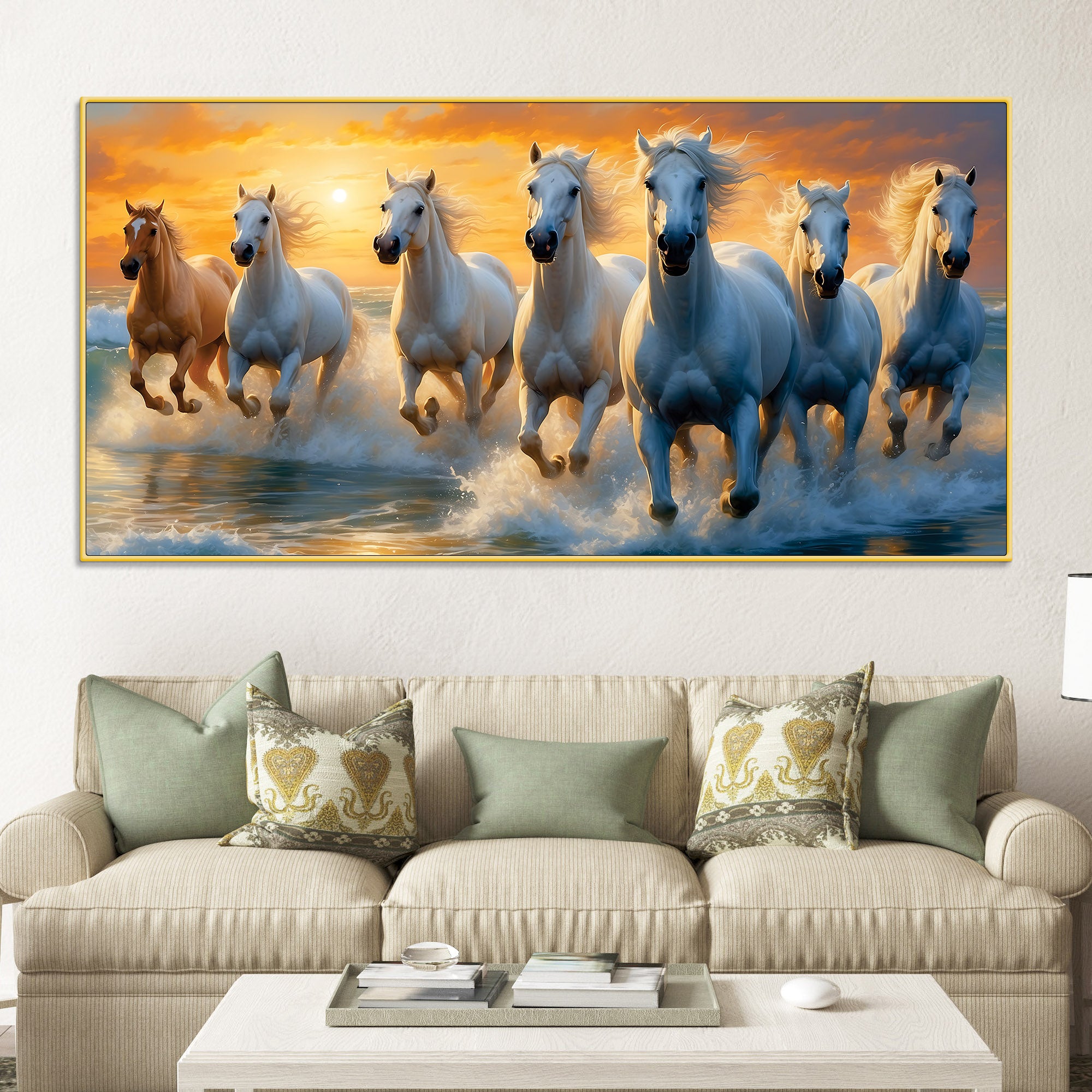 Seven White Horses Running at Dawn Canvas Wall Painting