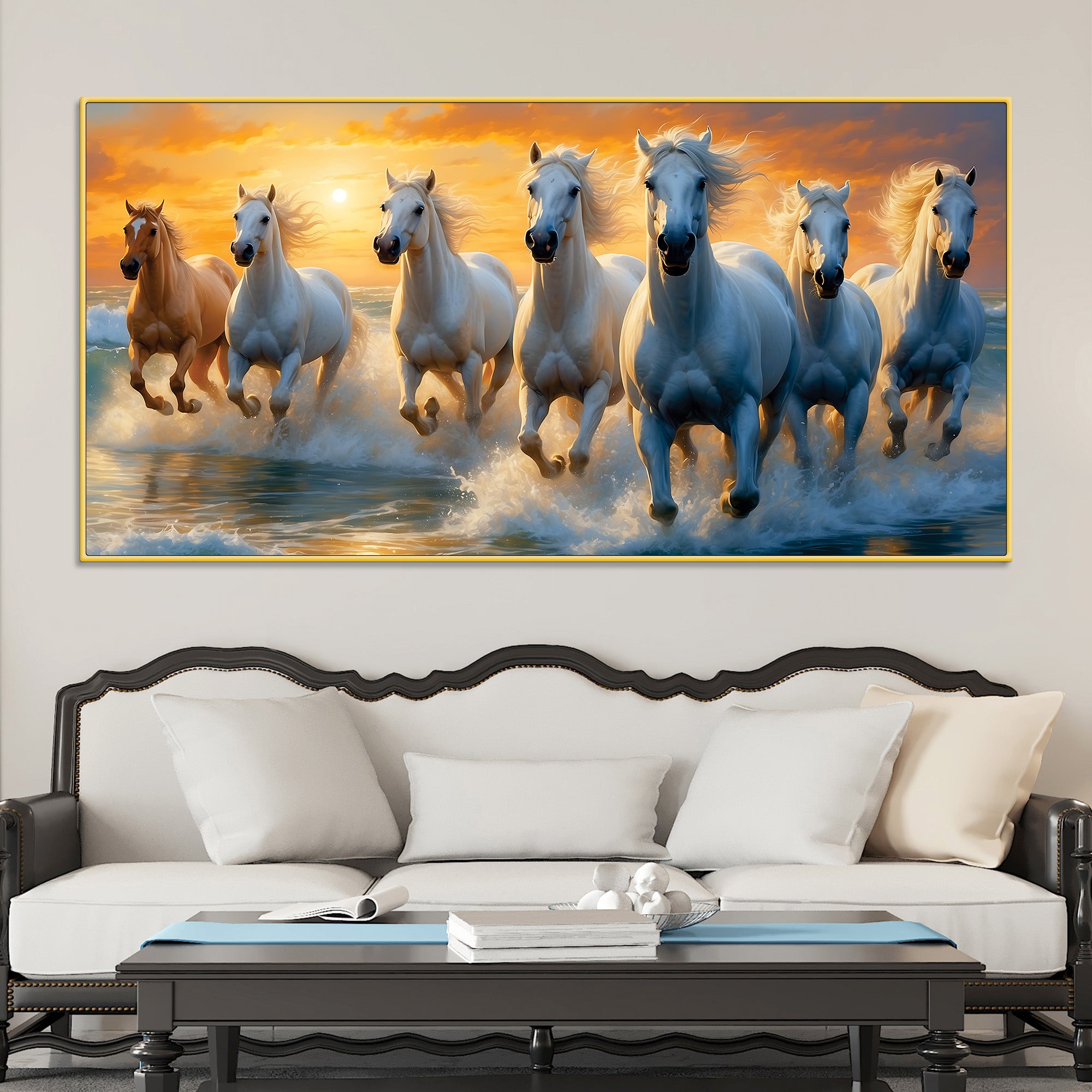 Seven White Horses Running at Dawn Canvas Wall Painting