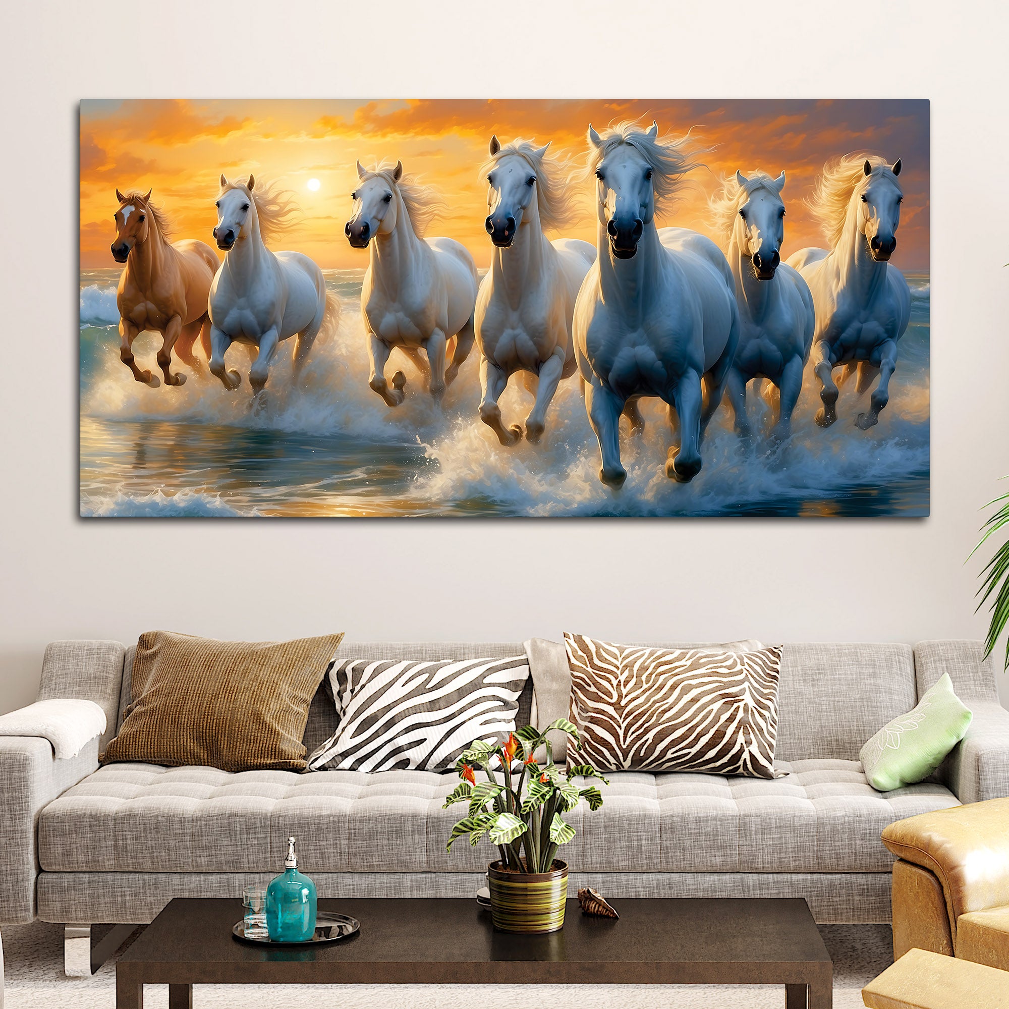 Seven White Horses Running at Dawn Canvas Wall Painting