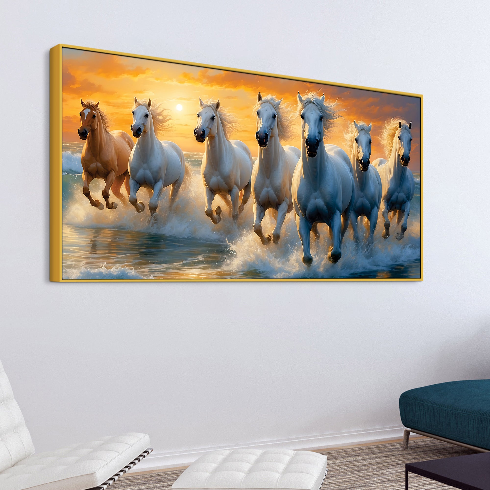 Seven White Horses Running at Dawn Canvas Wall Painting