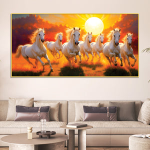Seven White Horses Running at Dawn Premium Wall Painting