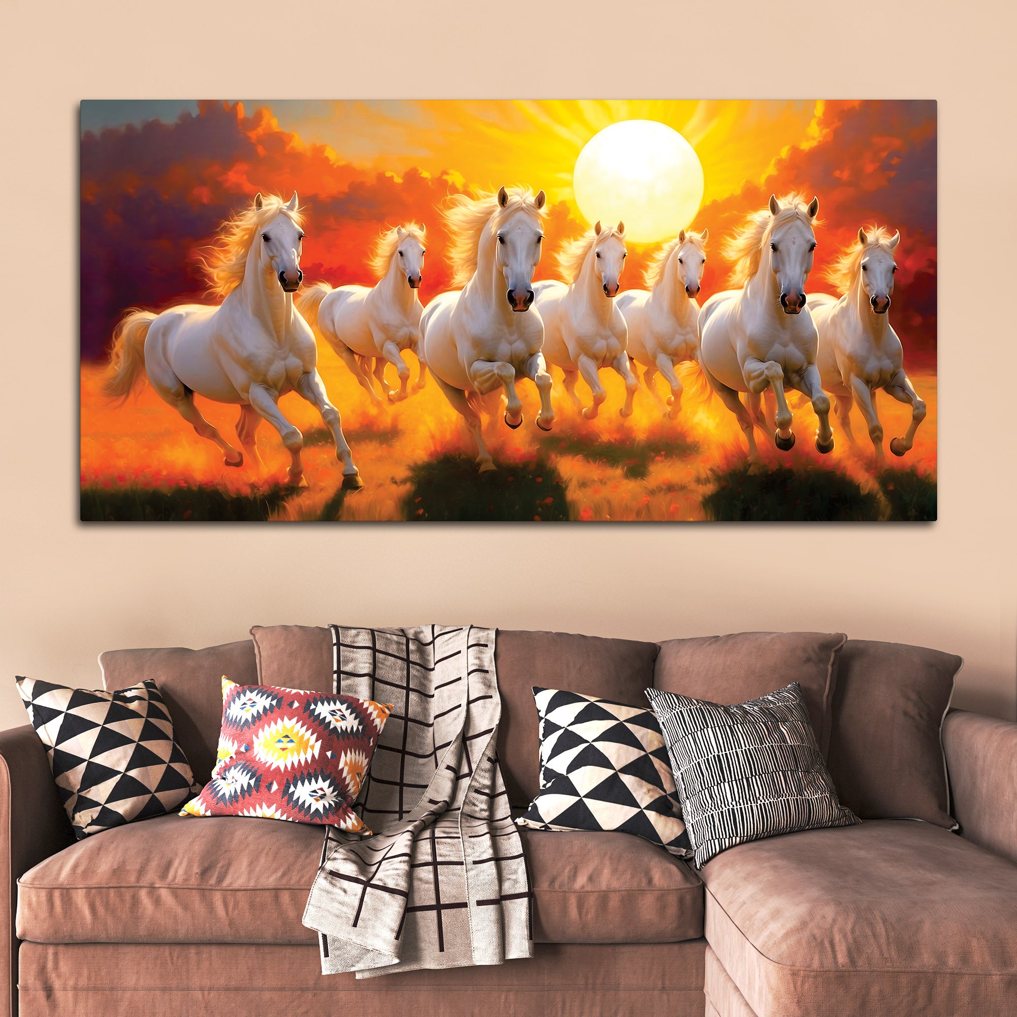Seven White Horses Running at Dawn Premium Wall Painting