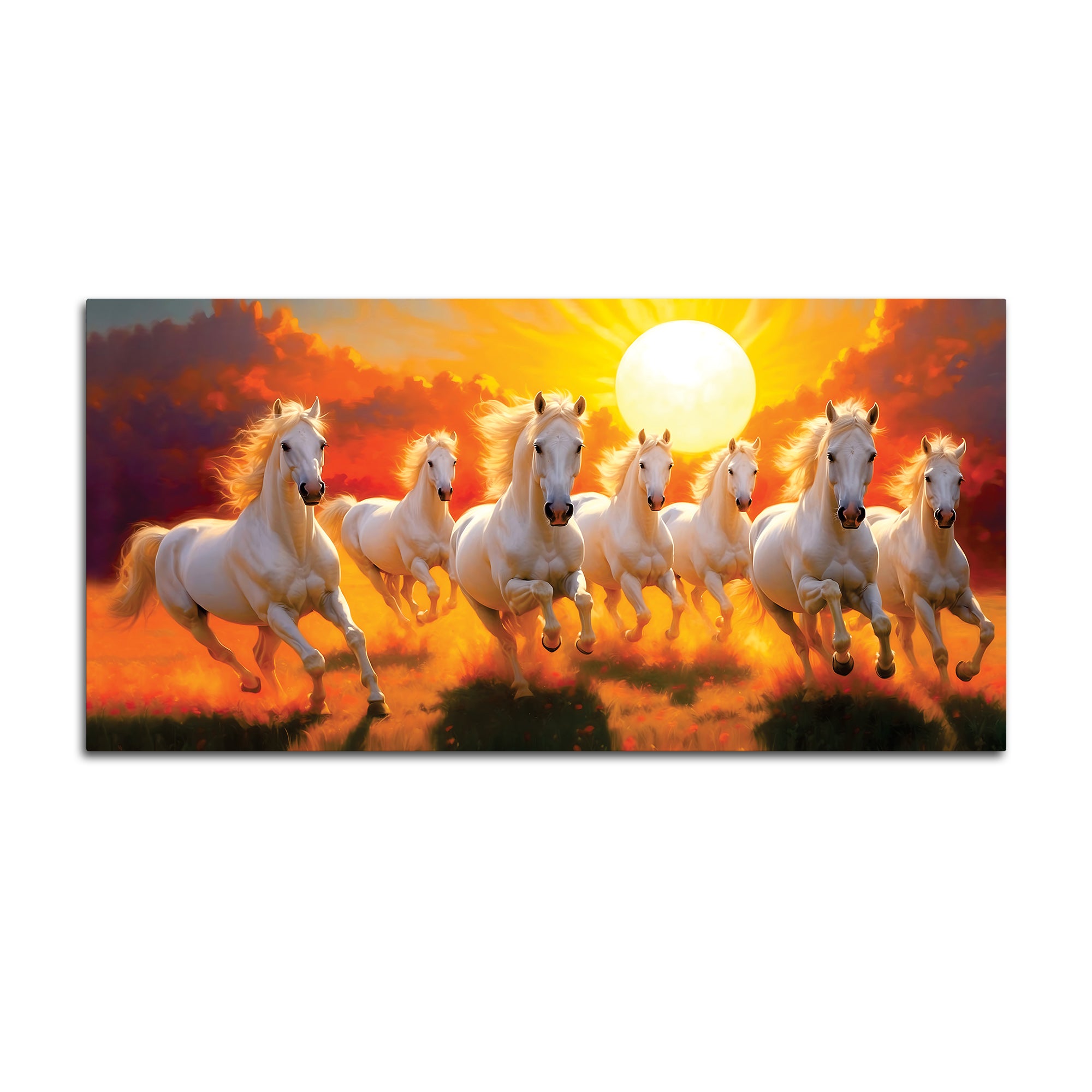 Seven White Horses Running at Dawn Premium Wall Painting