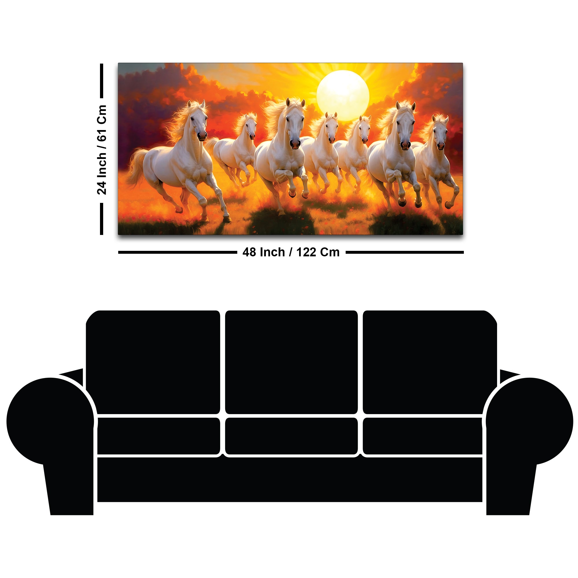 Seven White Horses Running at Dawn Premium Wall Painting