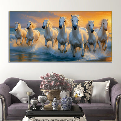Seven White Horses Running at Sunrise Canvas Wall Painting