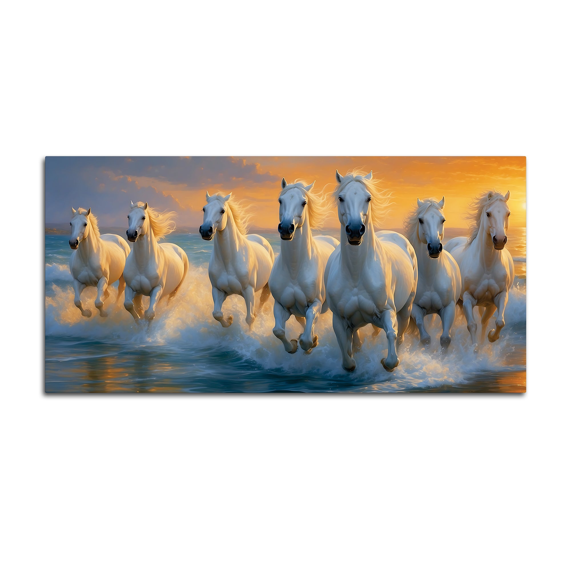 Seven White Horses Running at Sunrise Canvas Wall Painting