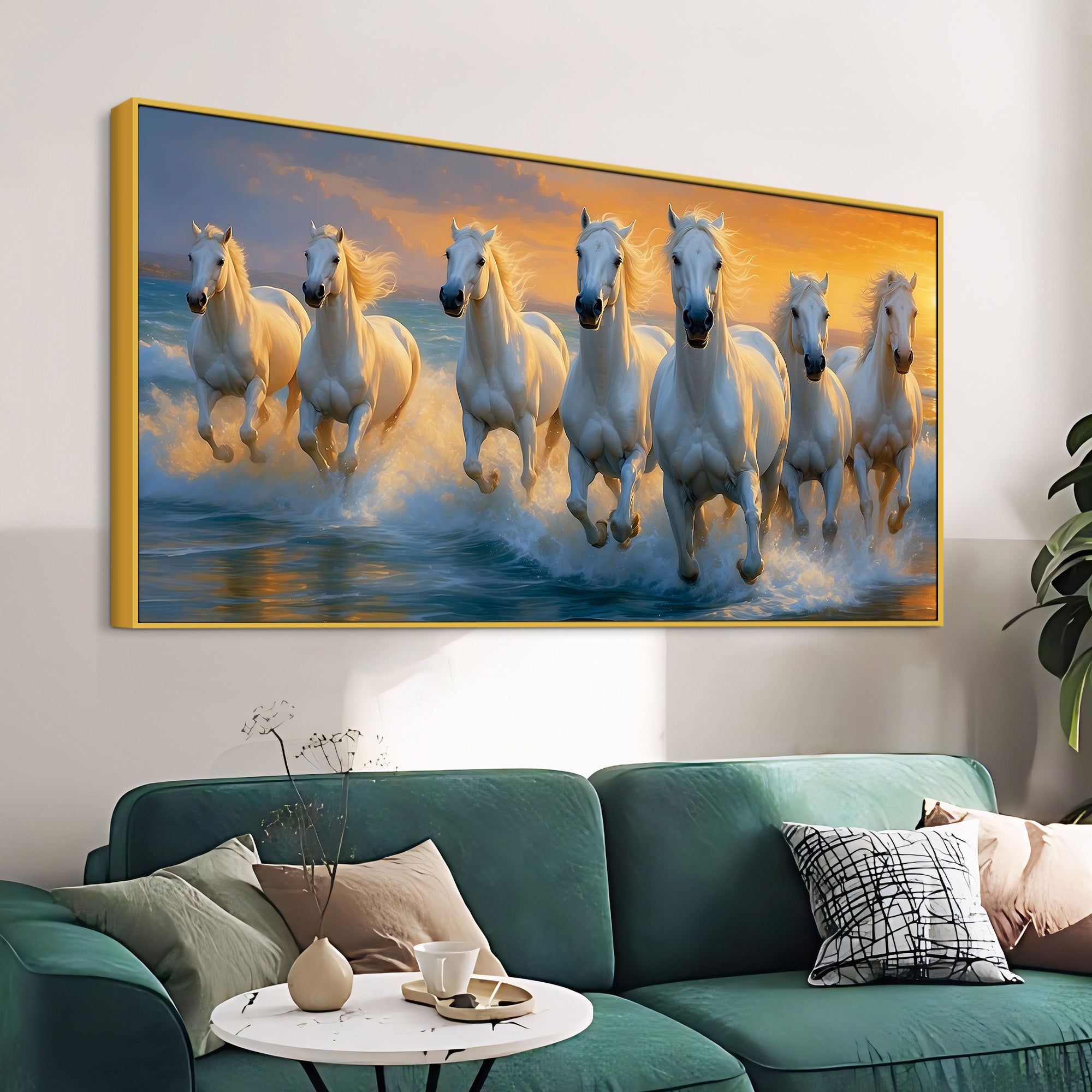 Seven White Horses Running at Sunrise Canvas Wall Painting
