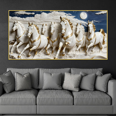 Seven White Horses Running Under Moonlight 3D Canvas Wall Painting