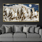 Seven White Horses Running Under Moonlight 3D Canvas Wall Painting