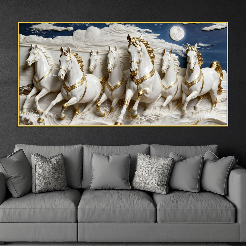 Seven White Horses Running Under Moonlight 3D Canvas Wall Painting