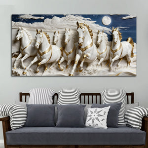 Seven White Horses Running Under Moonlight 3D Canvas Wall Painting