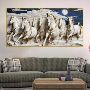 Seven White Horses Running Under Moonlight 3D Canvas Wall Painting