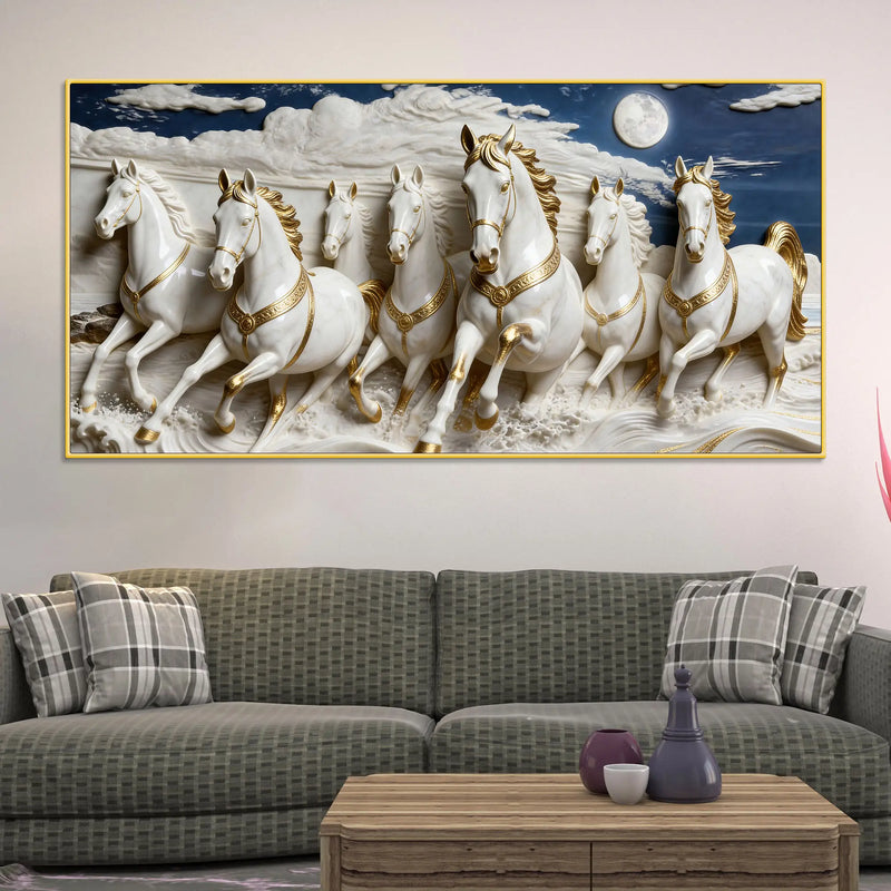 Seven White Horses Running Under Moonlight 3D Canvas Wall Painting
