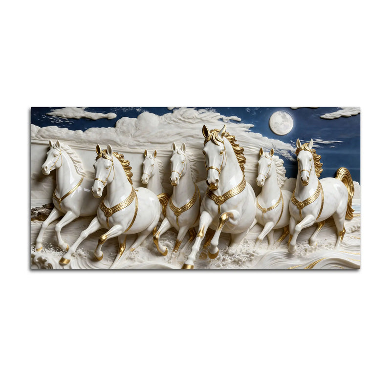 Seven White Horses Running Under Moonlight 3D Canvas Wall Painting