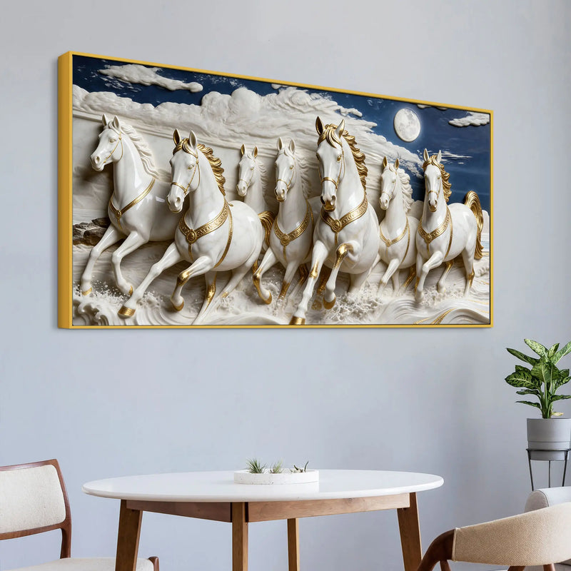 Seven White Horses Running Under Moonlight 3D Canvas Wall Painting