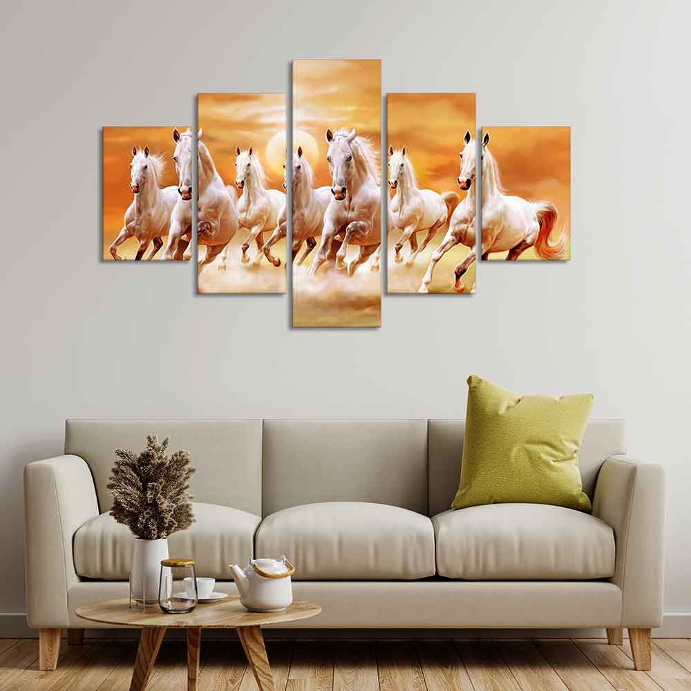 Seven White Running Horses Modern Design Wall Art Canvas Print Panel Wall Painting - 5 Frames