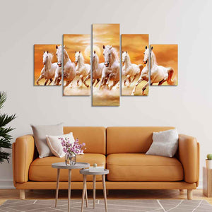 Seven White Running Horses Modern Design Wall Art Canvas Print Panel Wall Painting - 5 Frames