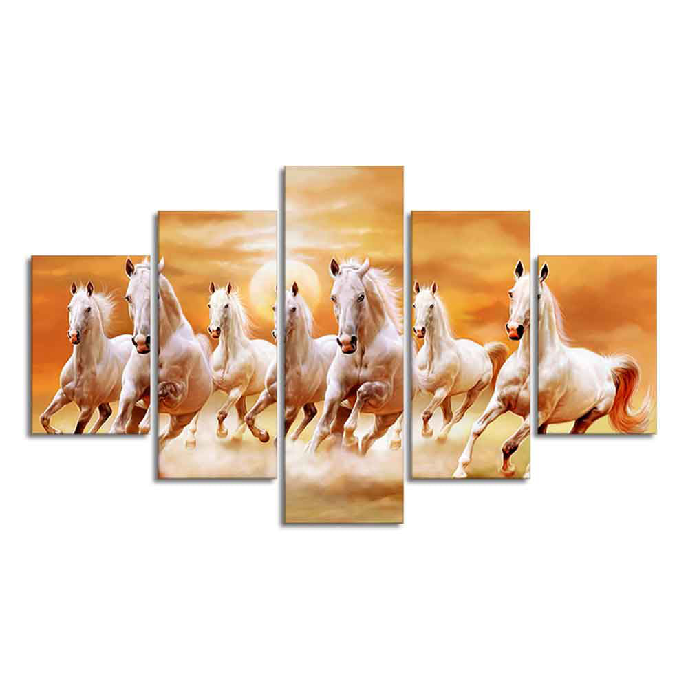 Seven White Running Horses Modern Design Wall Art Canvas Print Panel Wall Painting - 5 Frames