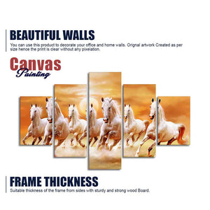 Seven White Running Horses Modern Design Wall Art Canvas Print Panel Wall Painting - 5 Frames