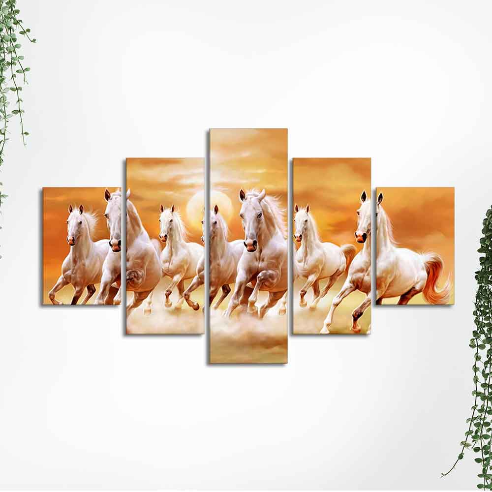 Seven White Running Horses Modern Design Wall Art Canvas Print Panel Wall Painting - 5 Frames