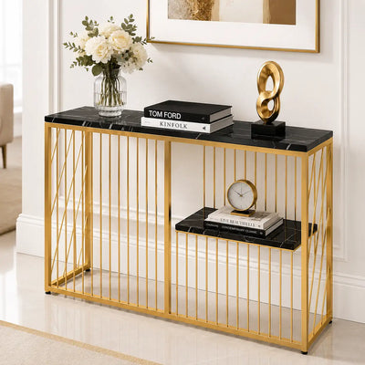 Shelf Sintered Stone Top Black & Gold Console Table