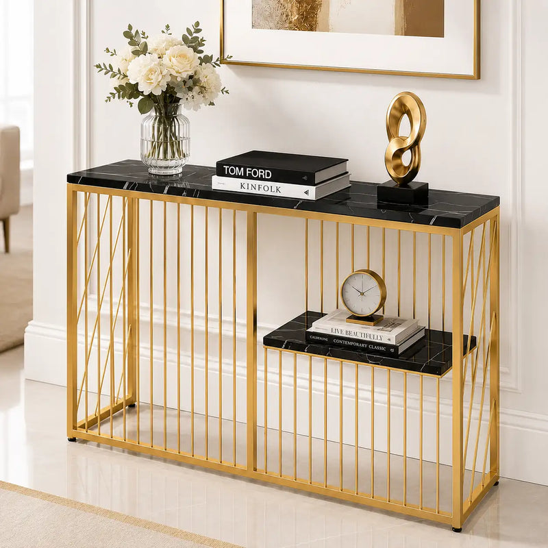 Shelf Sintered Stone Top Black & Gold Console Table