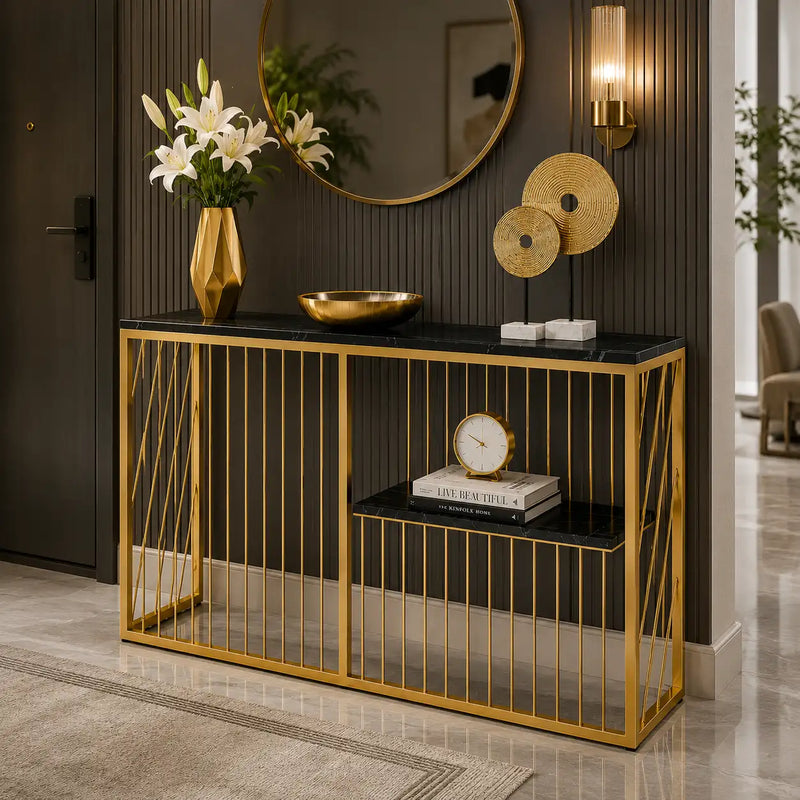 Shelf Sintered Stone Top Black & Gold Console Table