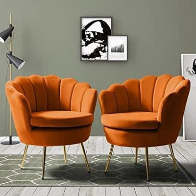 Shell Motif Luxury Design Orange Velvet Accent Chair