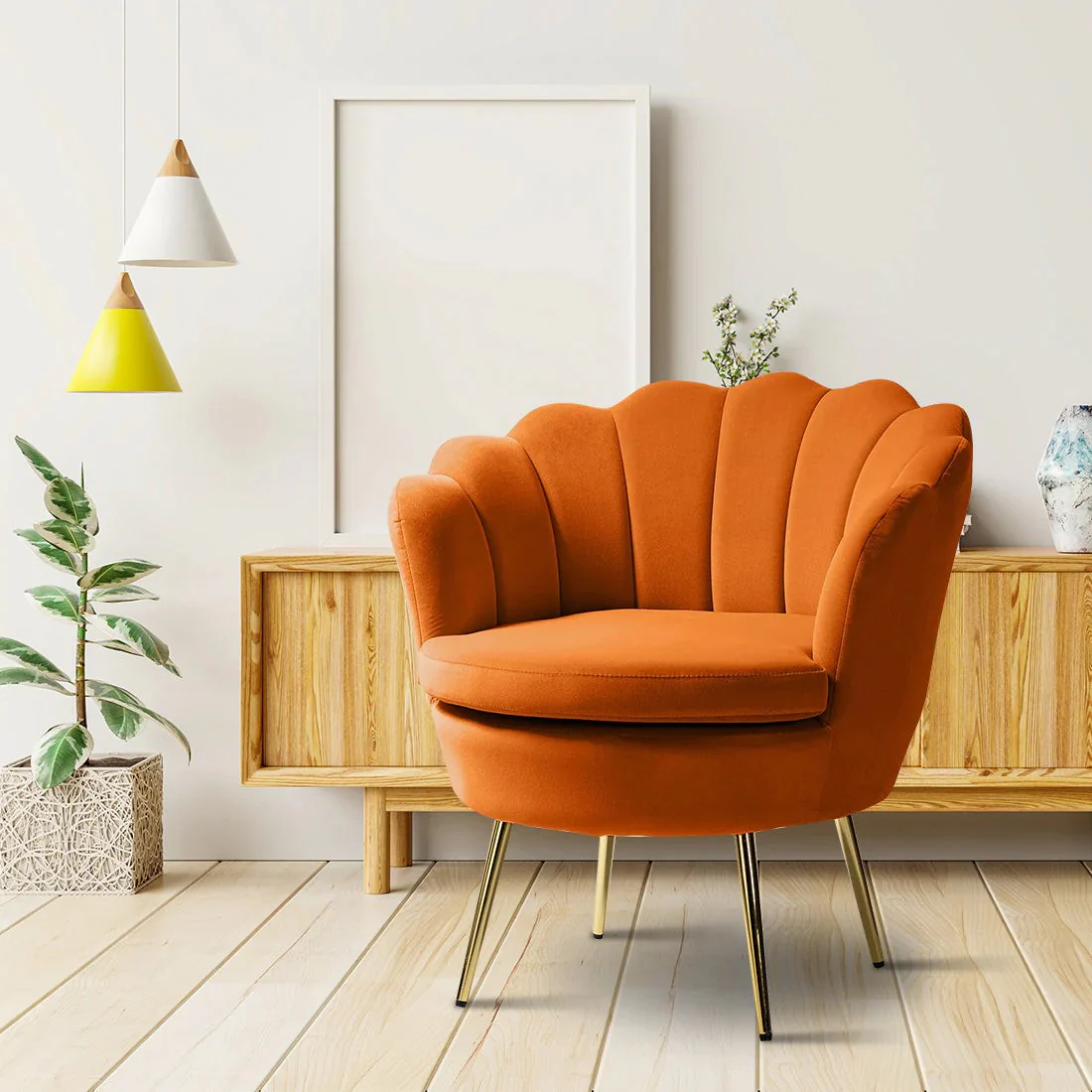 Shell Motif Luxury Design Orange Velvet Accent Chair