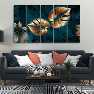 Shiny Golden Leaves Floating Canvas Wall Painting Set of Five