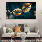 Shiny Golden Leaves Floating Canvas Wall Painting Set of Five