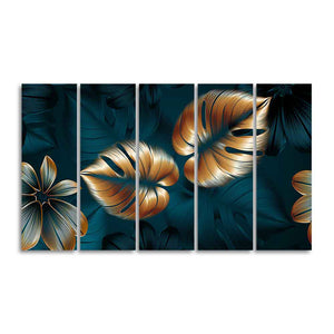 Shiny Golden Leaves Floating Canvas Wall Painting Set of Five