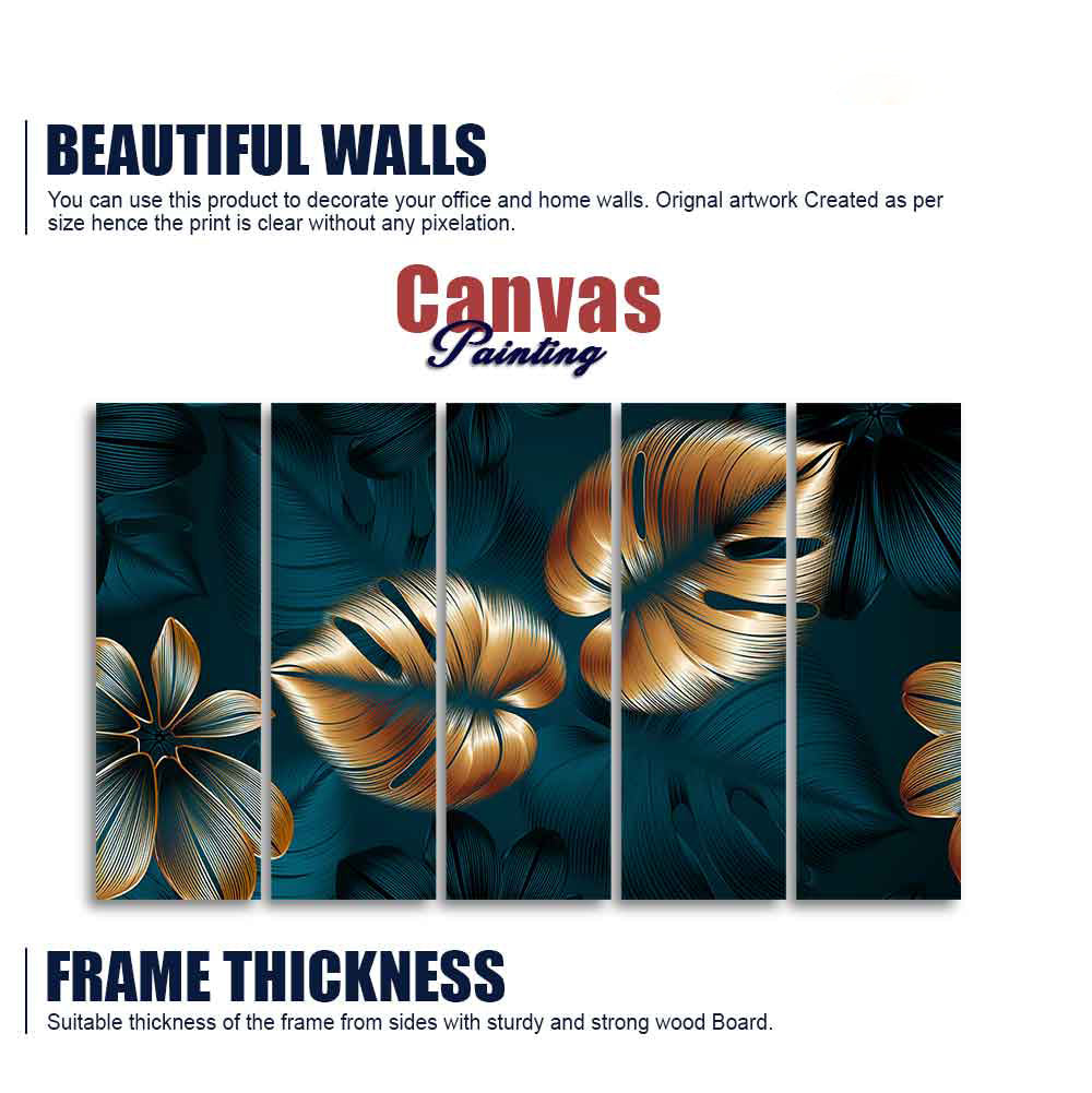 Shiny Golden Leaves Floating Canvas Wall Painting Set of Five