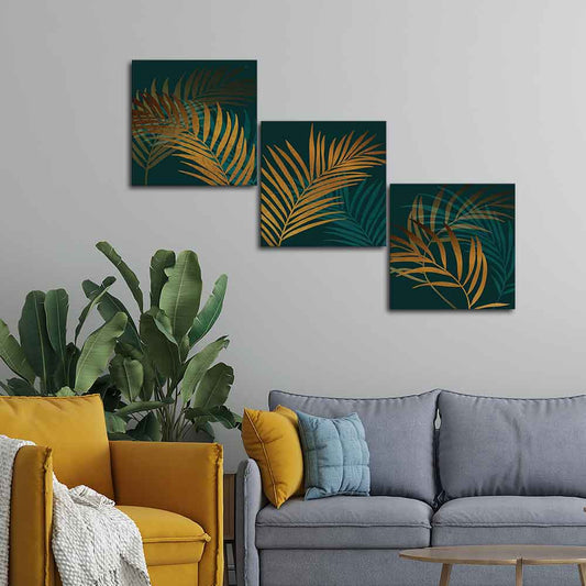 Shiny Golden Tropical leaves 3 Pieces Canvas Wall Painting