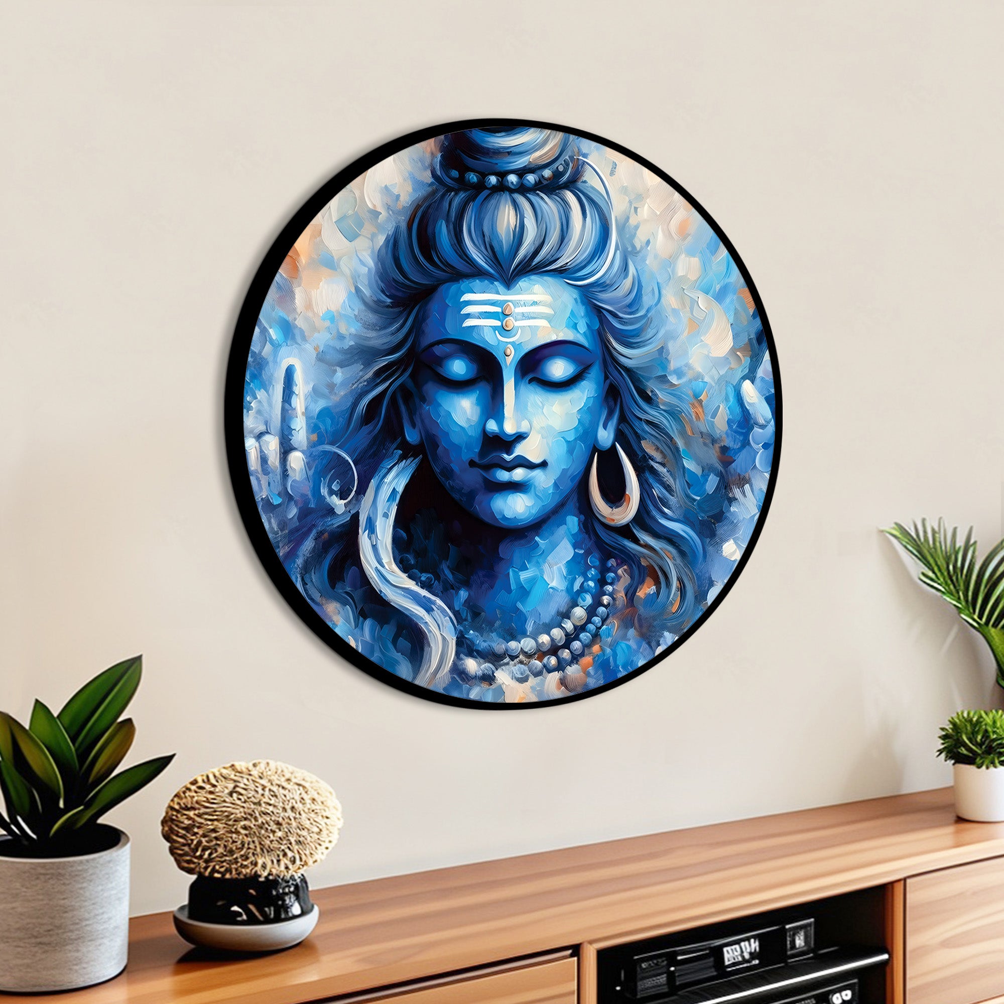 Shiv Ji Blue Aura Round Art Modern Hindu Wall Painting