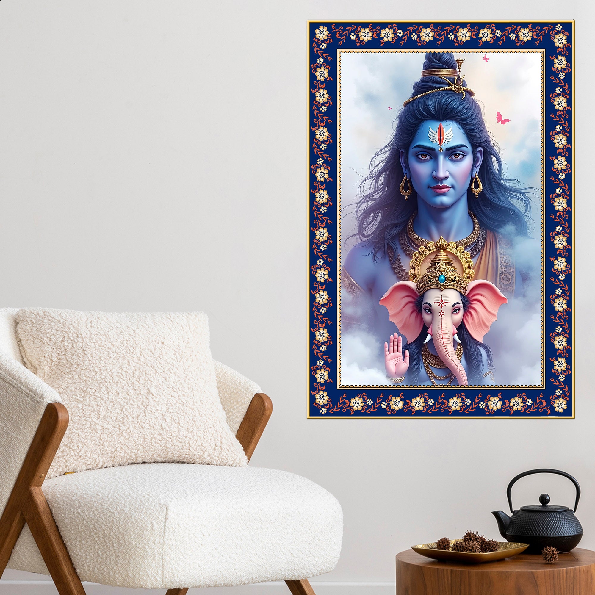 Shiva Grace Ganesha Wisdom Floral Border Vertical Wall Painting