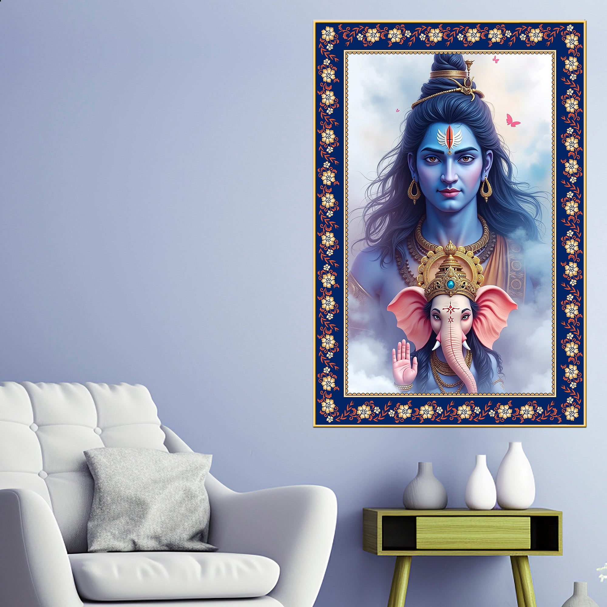 Shiva Grace Ganesha Wisdom Floral Border Vertical Wall Painting
