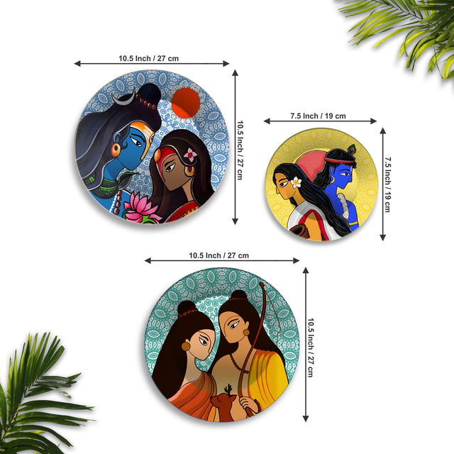 Shiva Parvati Ram Sita & Radha Krishna Premium Wall Plates Painting Set of 3